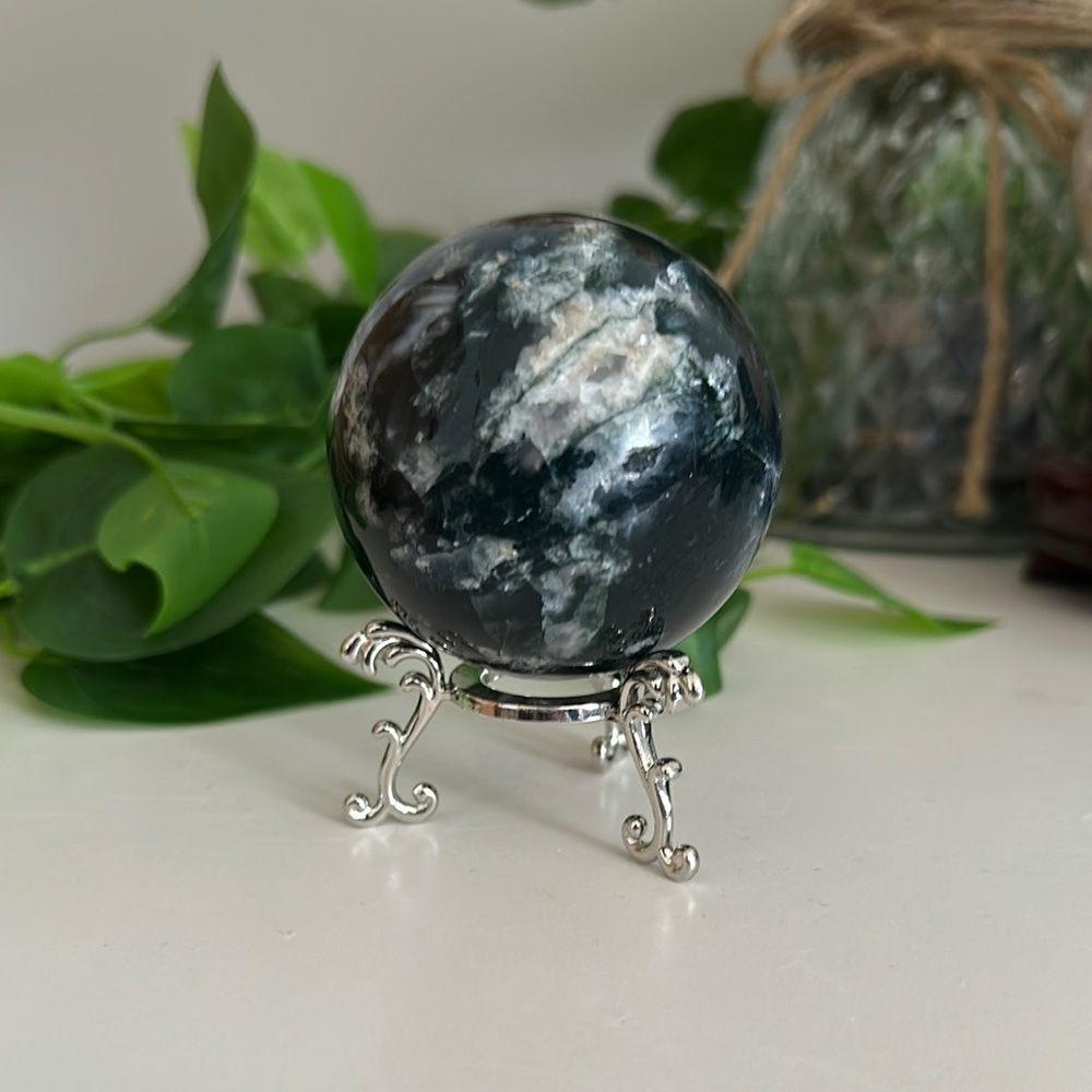 Dark Green/Blue Moss Agate Sphere with Calcite inclusions